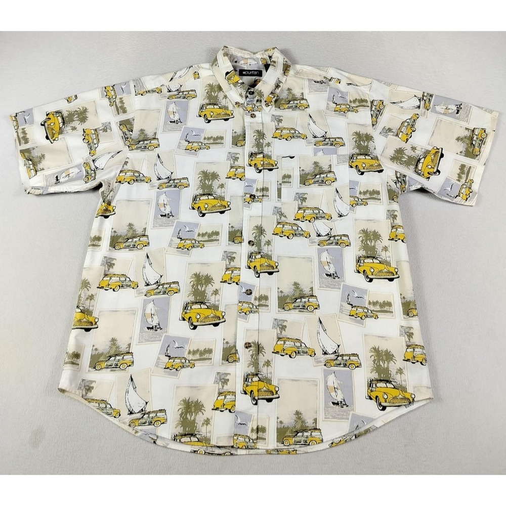 Vintage Puritan Shirt Mens Large White Classic Cars Tropical Hawaiian Resort AOP